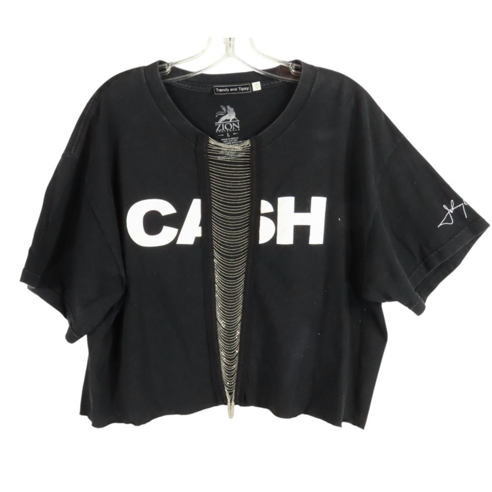 TRENDY & TIPSY Black Cropped Band Tee JOHNNY CASH Chains Across Front SIZE L/XL